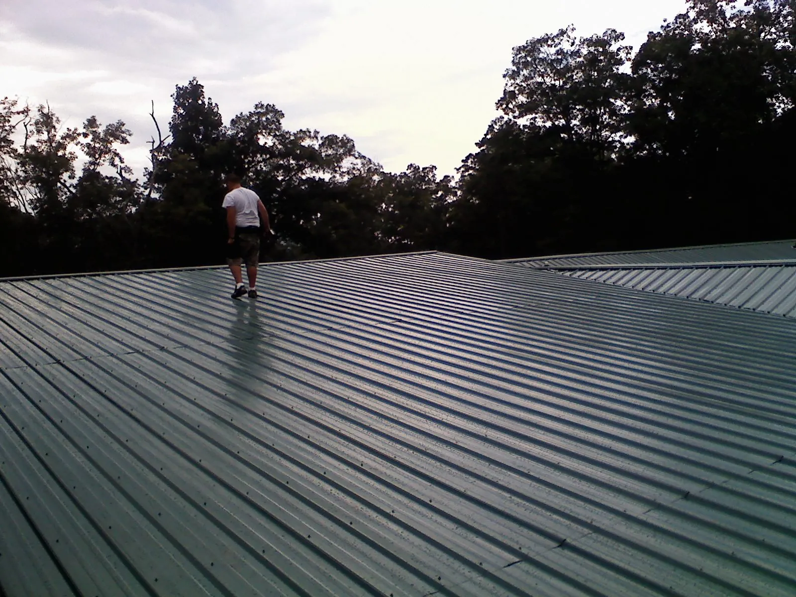 Roofer walking a wide expanse of new green metal roofing in Beaver Meadows