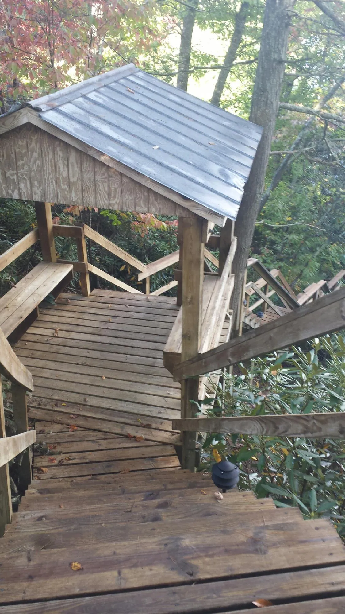 Metal roofed shelter over wooden steps on a wooded walkway — Skylight Repair & Installation work by our crew in Beaver Meadows